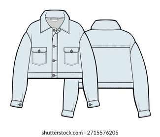 Damen zugeschnittene Jeansjacke technische flache Zeichnung Vektor Mockup-Vorlage.