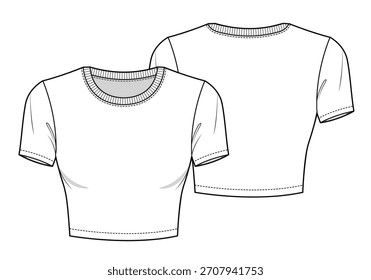 As senhoras cortadas t-shirt técnica plana desenho vetor modelo de maquete.