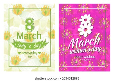 Ladies day love spring 8 March posters with text dedicated to International holiday, decorated by heart and ribbon vector greeting cards on flowers