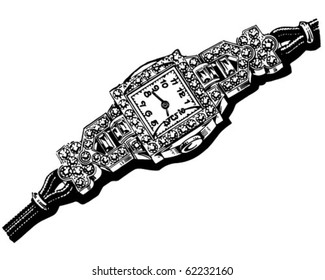 Ladies Diamond Watch - Retro Clipart Illustration