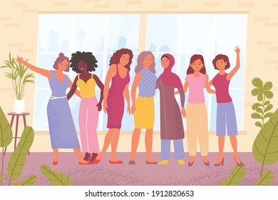 Ladies of different nationalities hugging flat vector illustration