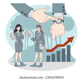 Ladies discuss growth and development of company, managing work time. Time organization and management concept. Flat vector illustration in blue colors in cartoon style