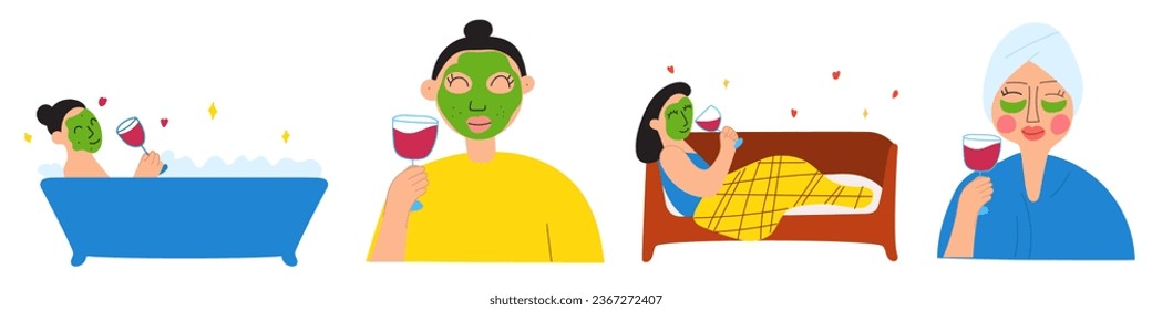 Ladies drinking wine and taking spa procedures. Flat design. Hand drawn vector illustrations on white background.