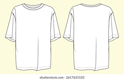 Ladies drop shoulder short sleeve relax fit round neck t-shirt technical drawing fashion flat sketch vector illustration template front and back views outline CAD mockup
