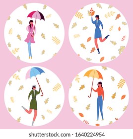 Ladies Enjoying Autumn Vector Illustrations Set. Seasonal Fashion Concept Design elements Pack. Elegant Young Women in Fashionable Apparel. Faceless Cartoon Characters in Round Frames