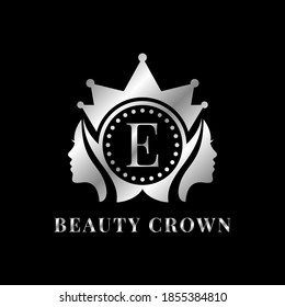 las damas se enfrentan con la letra de la corona E lujoso alfabeto para novias, bodas, el logo del cuidado de la belleza, imagen de marca personal, maquillaje artístico o cualquier otra marca y compañía real