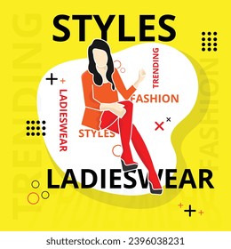 Ladies fashion banner, social media post concept vector illustration on yellow background.