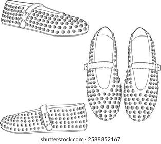 Ladies fashion flat shoes with studs drawing ballerina shoes design footwear line drawing black and white sketch studded shoes