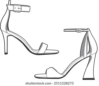 Damen Mode High Heel Sandalen Vektor Zeichnung Linie Zeichnung Schuhe Design Mode Illustration, ein Satz von Damen Sandalen Sommerschuhe elegante Schuhe