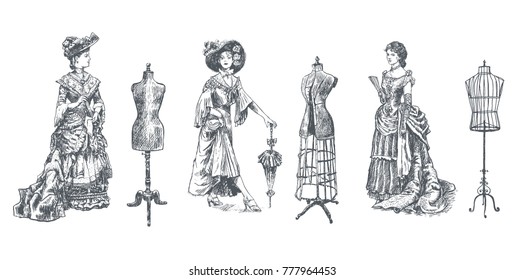 ladies and female body vintage mannequin set. Vintage tailor's dummy for female body and Antique dressed lady. Fashion and clothes. Woman figure collection Retro Illustration, engraving