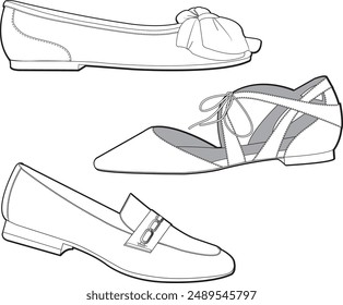 ladies flat shoes ballerina shoes drawing vector illustration footwear vector collection fashion shoes illustration 