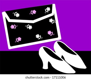 ladies foot wear and bag in violet background 	