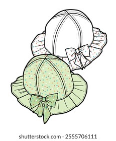 Ladies frill sun hat vector design technical flat sketch by adobe illustrator.