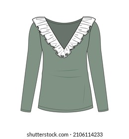 Ladies full Sleeve T-shirt, Ruffle on V-neck