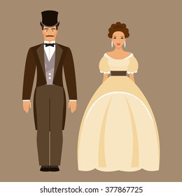 Ladies and gentleman. Man and woman in nineteenth century costumes