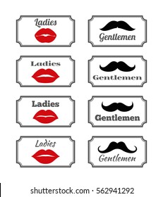 Ladies and gentlemen bathroom symbols. Vector lips and mustache. Hipster elements illustration