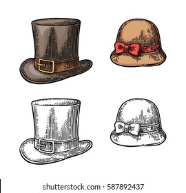 Ladies and gentlemen hat. Vector color vintage engraved illustration. Isolated on a white background.