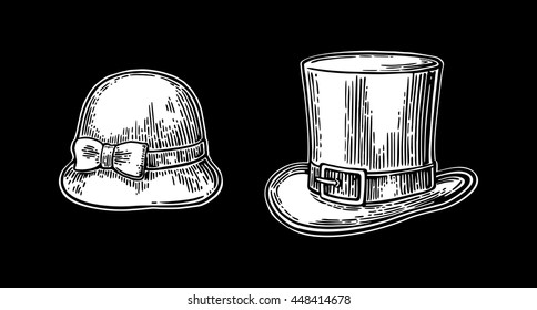 Ladies and gentlemen hat. Vector vintage engraved illustration. Isolated on a black background.