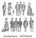 ladies and gentlemen. Man and woman figure collection. Vintage Hand Drawn big set. Group of people of the Victorian era. Fashion and clothes. Retro Illustration in ancient engraving style