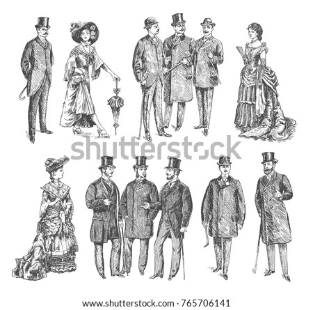 ladies and gentlemen. Man and woman figure collection. Vintage Hand Drawn big set. Group of people of the Victorian era. Fashion and clothes. Retro Illustration in ancient engraving style