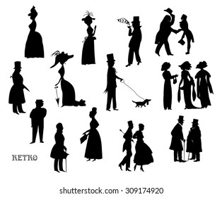 Ladies and gentlemen on walk. Symbolic vintage style, black and white silhouette. Big vector set