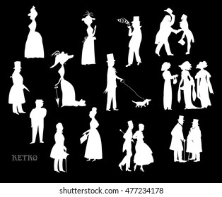Ladies and gentlemen on walk. Symbolic vintage style, black and white silhouette. Big vector set. On a black background
