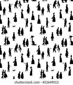 Ladies and gentlemen on walk. Vector seamless pattern. Symbolic vintage style, black and white silhouettes. Victorian style fashion vector background 