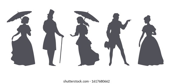 Ladies and gentlemen in suits of the 19th century, silhouettes on white background, created with vector