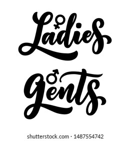 Ladies and Gents, men and women toilet signs - hand lettering patches, icons. Vector