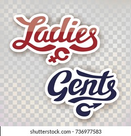 Ladies and Gents, men and women toilet signs - hand lettering patches/icons on transparent background.