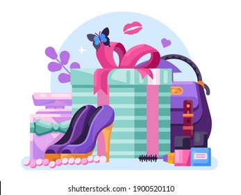 Ladies gift box happy womens day greeting concept with presents for girl. Accessories, cosmetic, heel shoes, purse, perfume and jewellery. Collection of gifts for 8 March, Birthday or anniversary.