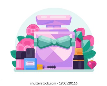 Ladies gift box with presents and flowers for girls. Makeup giftbox with perfume, lipstick, nail varnish, and mascara. Womens gifts for 8 March, st. Valentines day, Birthday or anniversary.