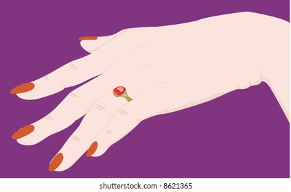  ladies hand with polished nails and a ring in the finger	