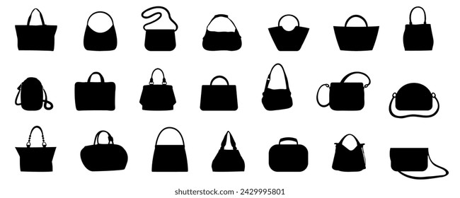 Ladies handbag silhouette collection in black on a white background. Set of black silhouettes of handbags. Lady bags icons