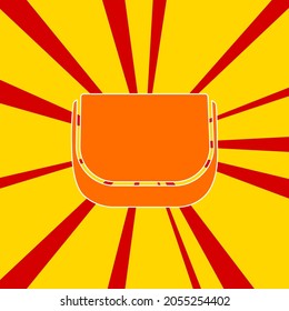 Ladies handbag symbol on a background of red flash explosion radial lines. A large orange symbol is located in the center of the sunrise. Vector illustration on yellow background