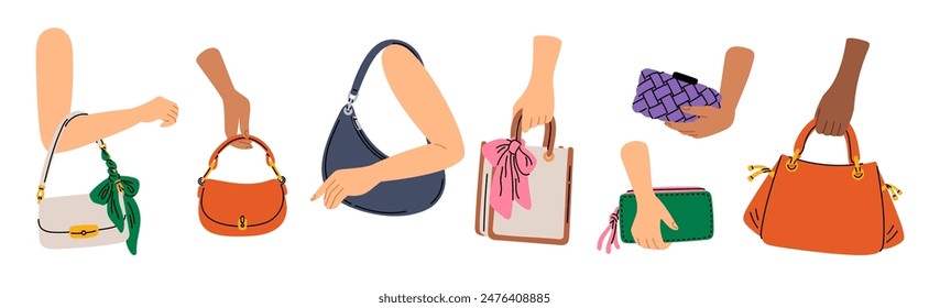 Damas de la mano sosteniendo bolsas. Accesorios femeninos de cuero de moda. Bolsos de diseño de moda. Estilo elegante. Brazos de mujer con bolso o clutch glamuroso. Bolso elegante