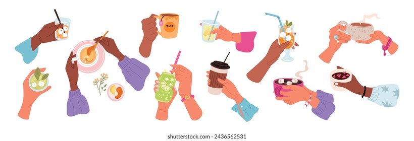 Ladies hands holding drinks. Beverages in glass or ceramic cup. Cold soda can. Tea mug in male fingers. Fresh lemonade. Takeaway coffee. Female arms top and side view