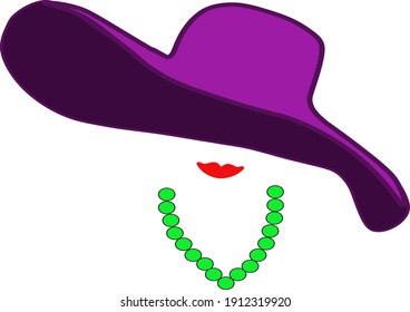 
Ladies Hat Beautiful Hat Ladies Big Brim Hat Beautiful Red Lips Green Beads Neck Holiday Mardi Gras.