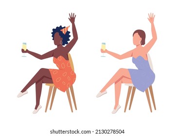 Ladies having fun semi flat color vector characters set. Sitting figure. Full body person on white. Festive celebration simple cartoon style illustration for web graphic design and animation pack