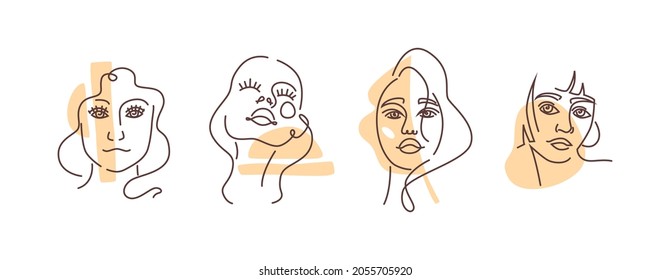 Ladies heads creative thin line portraits in abstract doodle style, sketches set. Vector modern face with yellow spots. Fashion women with hairstyle, beauty minimalistic avatars, young characters