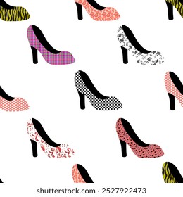  Ladies' high-heeled shoes seamless pattern. Vector design. Paper, textile, background.