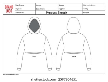 Ladies hoodie technical drawing template with tech pack details	