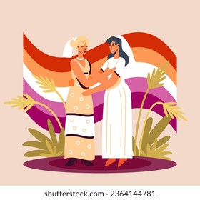 Ladies hugging each other. Non-traditional wedding for couples. Happy couple celebrating wedding outdoors in summer. Vector illustration in cartoon style