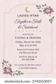 Ladies Iftar Dinner Invitation Design with Floral Accents and Blush Textured Paper for Ramadan, Featuring Golden Crescent Moon and Elegant Arch Frame