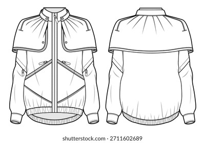 Ladies jackets vector design mockup template technical flat drawing.