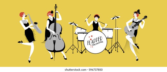 Ladies Jazz Orchestra. Four flapper girls playing music. Vector Illustration