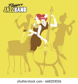 Ladies Jazz Orchestra. Four flapper girls playing music. Vector Illustration