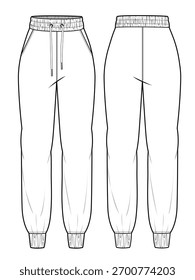 Ladies joggers front and back view flat sketch vector mockup template technical illustration.
