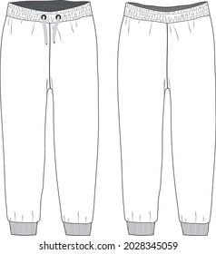 Ladies and Kids Basic Fleece Sweat Pant fashion flat sketch vector Illustration template front and back view. Technical Drawing apparel dress design Jogger pant  mock up.