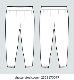 Senhoras e crianças Basic Fleece Sweat Pant moda plana esboço vetor Ilustração modelo frente e vista traseira. Desenho técnico vestido vestido design Jogger calça mock up.
